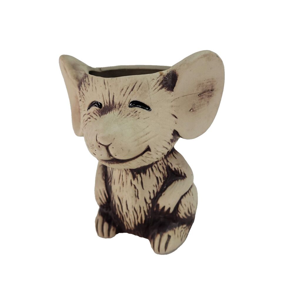Vtg Ceramic Smilng‎ Mouse Planter Bisque 5.25" Tan Sitting Pencil Holder